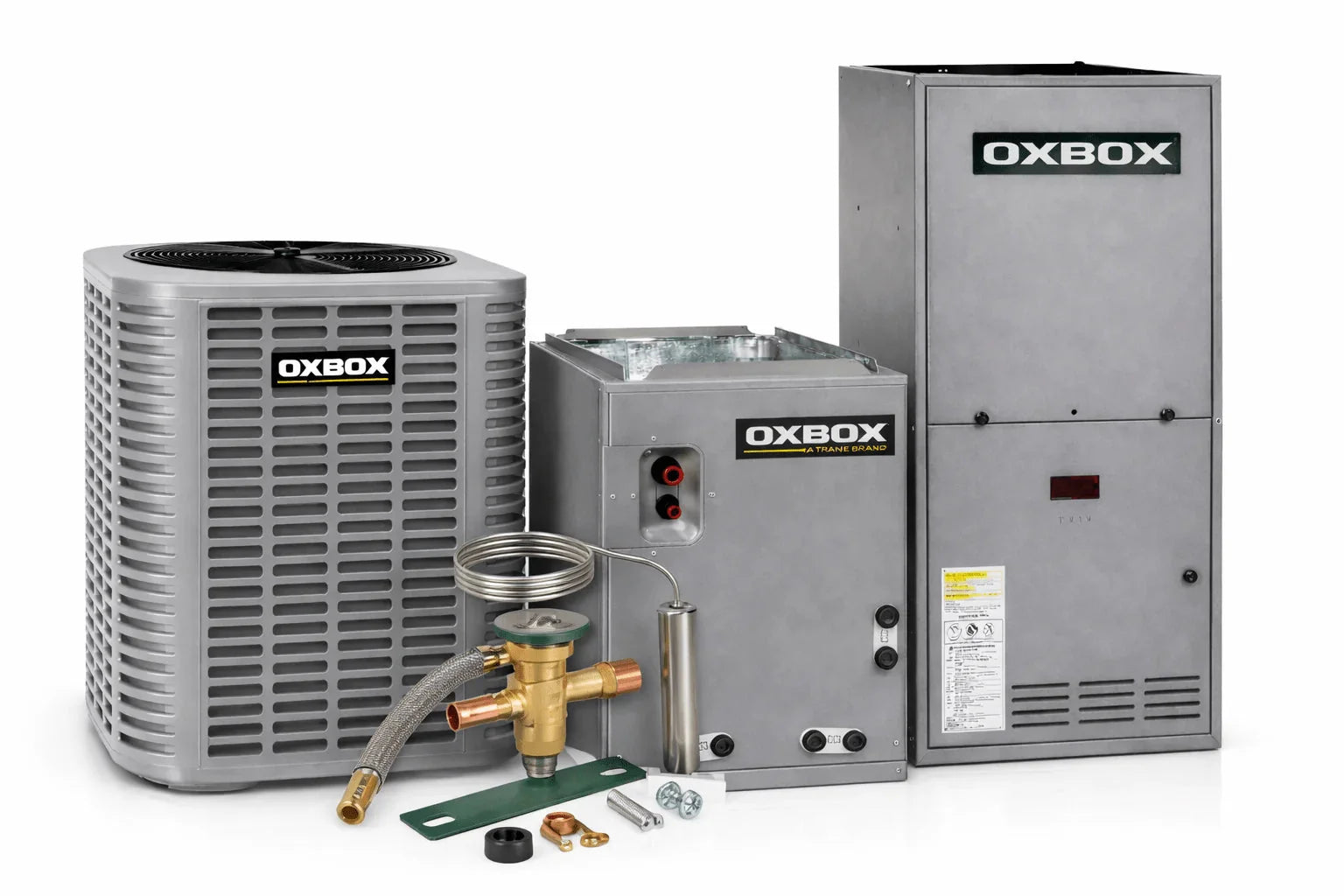 Oxbox 3 Ton 13.4 SEER2 R454B Split System Air Conditioner with C-Cab Cased Coil, TXV Kit & 100,000 BTU Gas Furnace – J5AC3036A1000AA, J5MXCC017AC6HCA, J801V100CM5SE, 5AYTXVH3A1836A OXBOX BY TRANE