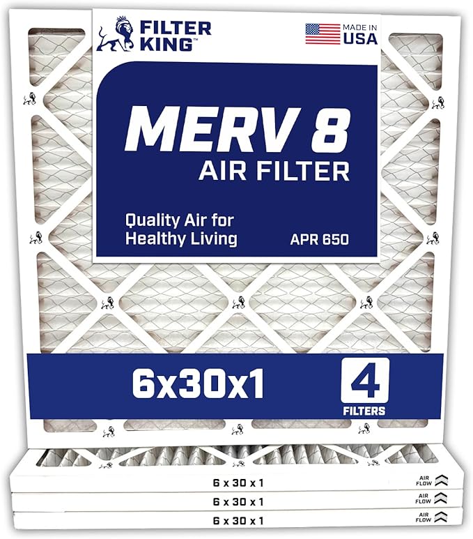 Filter King 6x30x1 Air Filter | 4-PACK | MERV 8 HVAC Pleated A/C Furnace Filters | MADE IN USA | Actual Size: 5.5 x 29.5 x .75″ WholesaleHVACDirect