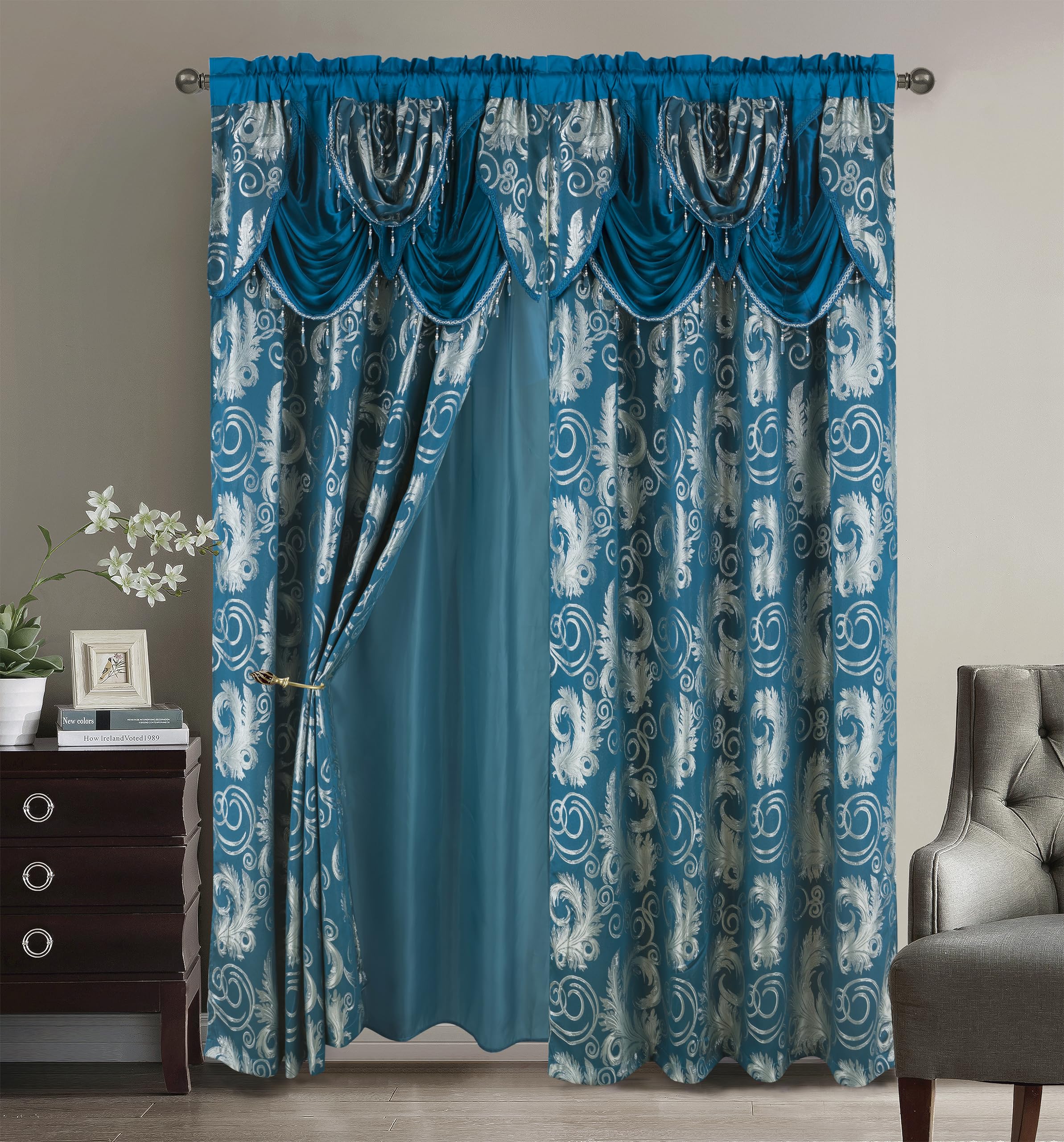 GLORY RUGS Jacquard Luxury Window 2 Panel Set Turquoise Curtain with Attached Valance and Backing Bedroom Living Room Dining 2 Curtains 55x84 inches Each Jana