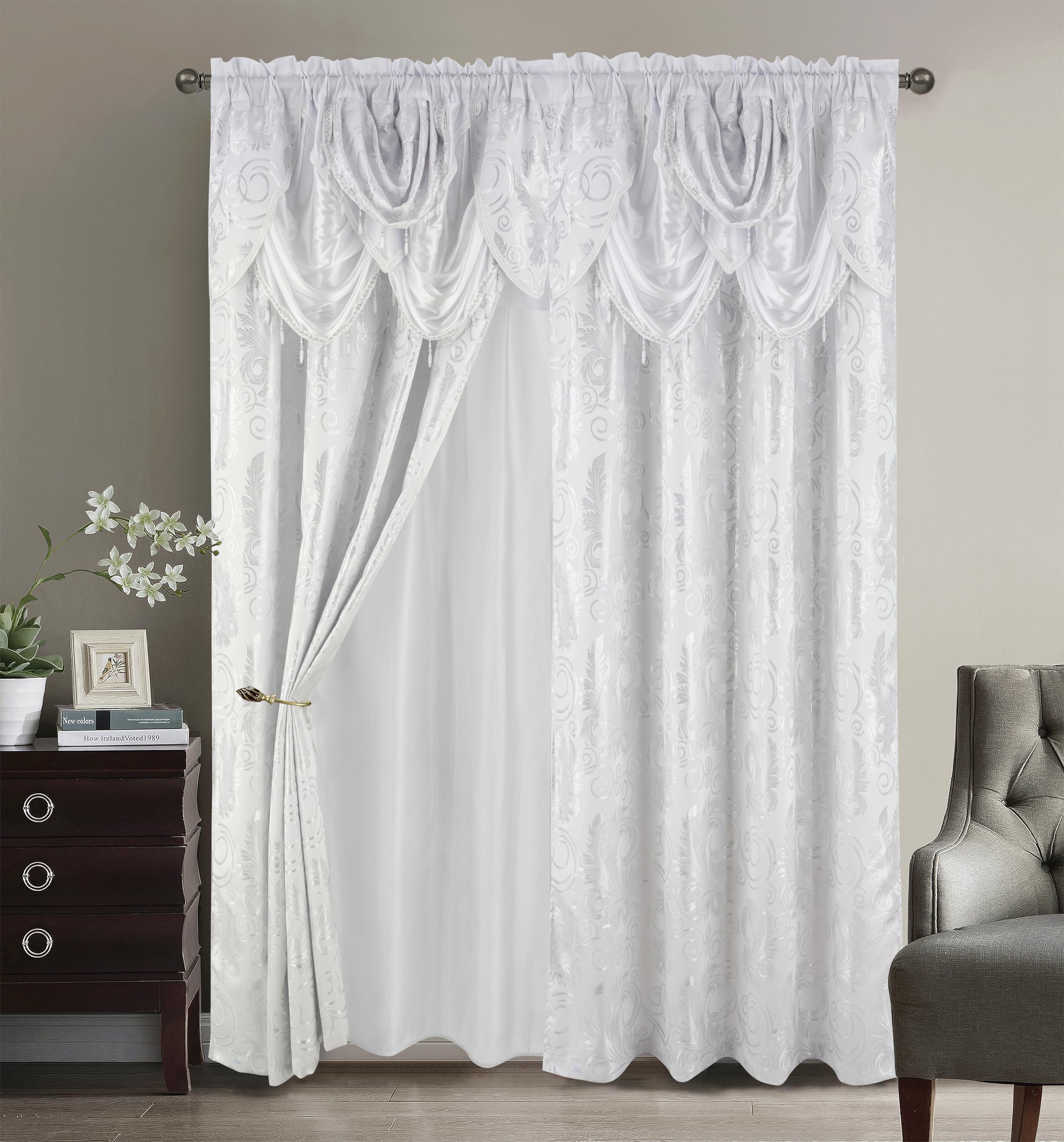 GLORY RUGS Jacquard Luxury Window 2 Panel Set White Curtain with Attached Valance and Backing Bedroom Living Room Dining 2 Curtains 55x84 inches Each Jana
