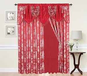 GLORY RUGS Jacquard Luxury Window 2 Panel Set Red Curtain with Attached Valance and Backing Bedroom Living Room Dining 2 Curtains 55x84 inches Each Jana