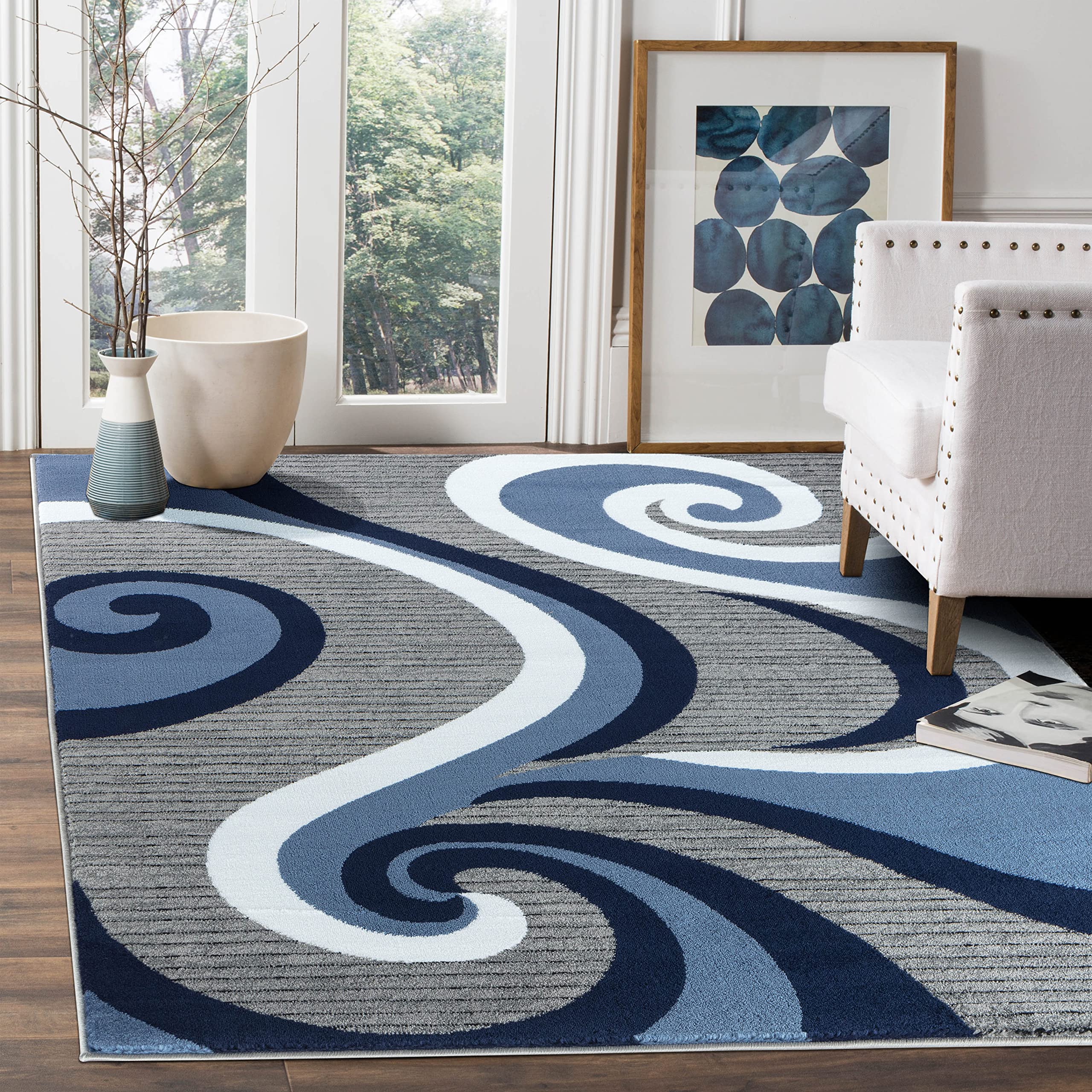 GLORY RUGS Modern Area Rug Swirls Carpet Bedroom Living Room Contemporary Dining Accent Sevilla Collection 4817A (Navy, 5x7)