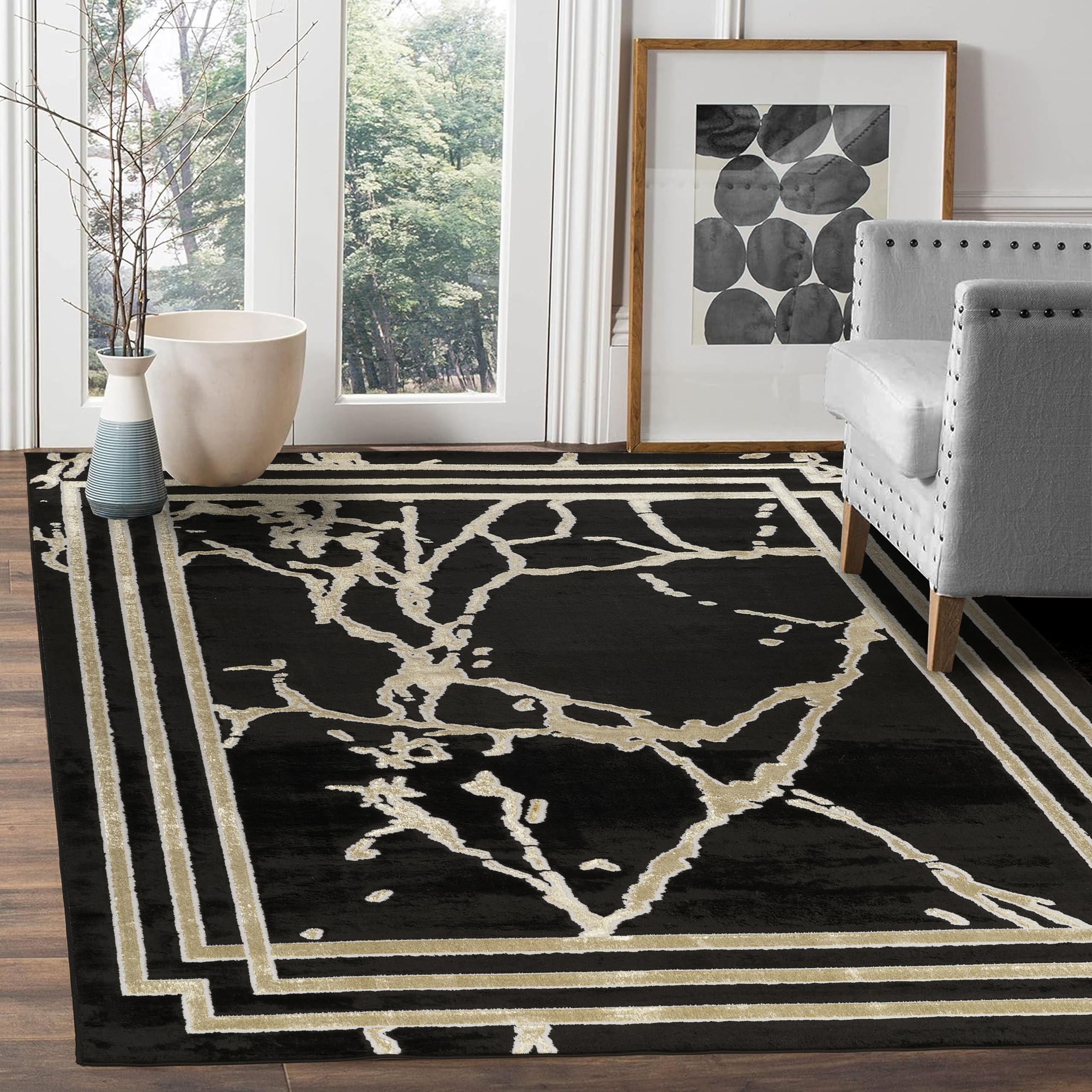 GLORY RUGS Area Rugs Marble 4x5 Black Gold Border Beige Carpet Elegant Modern Abstract Rug Living Room Dining Bedroom Rug