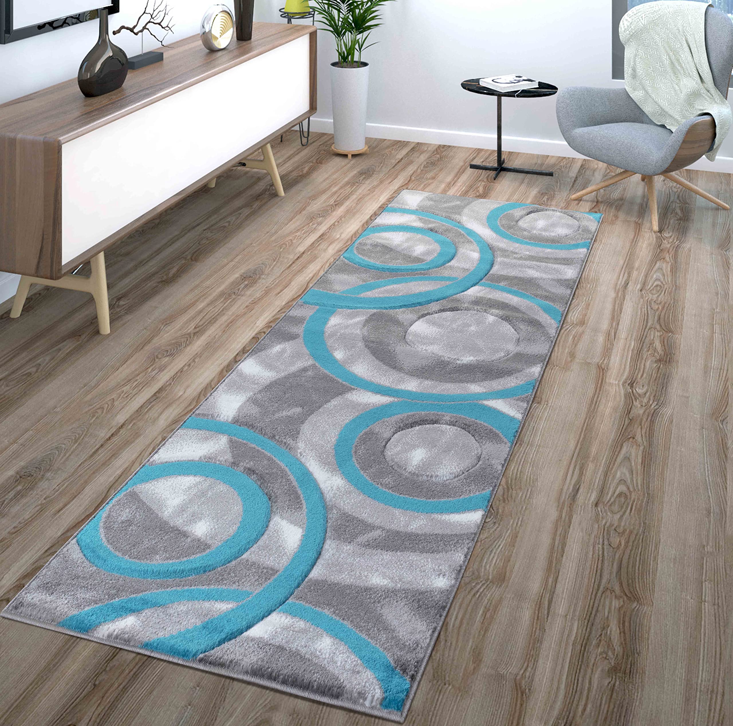GLORY RUGS Area Rug Modern 2x7 Turquoise Circles Geometry Soft Hand Carved Contemporary Floor Carpet Fluffy Texture for Indoor Living Dining Room and Bedroom Area