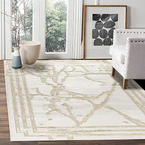 GLORY RUGS Area Rugs Marble 8x10 Cream Gold Border Carpet Elegant Modern Abstract Rug Living Room Dining Bedroom Rug