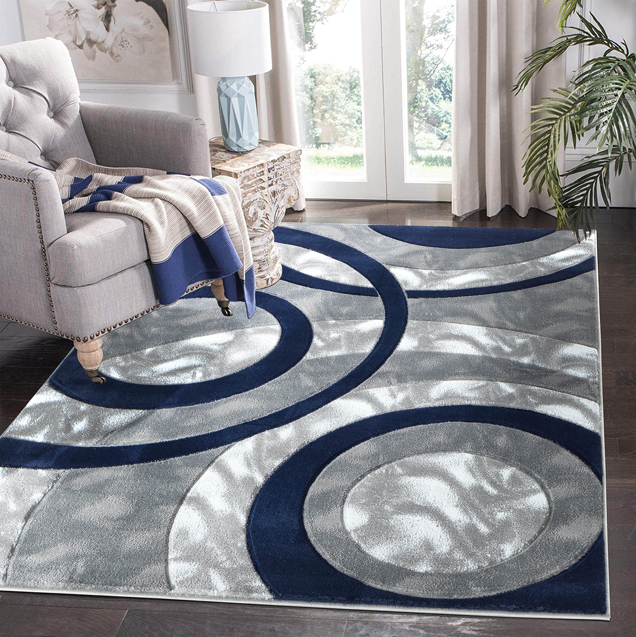 GLORY RUGS Area Rug Modern 5x7 Navy Circles Geometry Soft Hand Carved Contemporary Floor Carpet Fluffy Texture for Indoor Living Dining Room and Bedroom Area