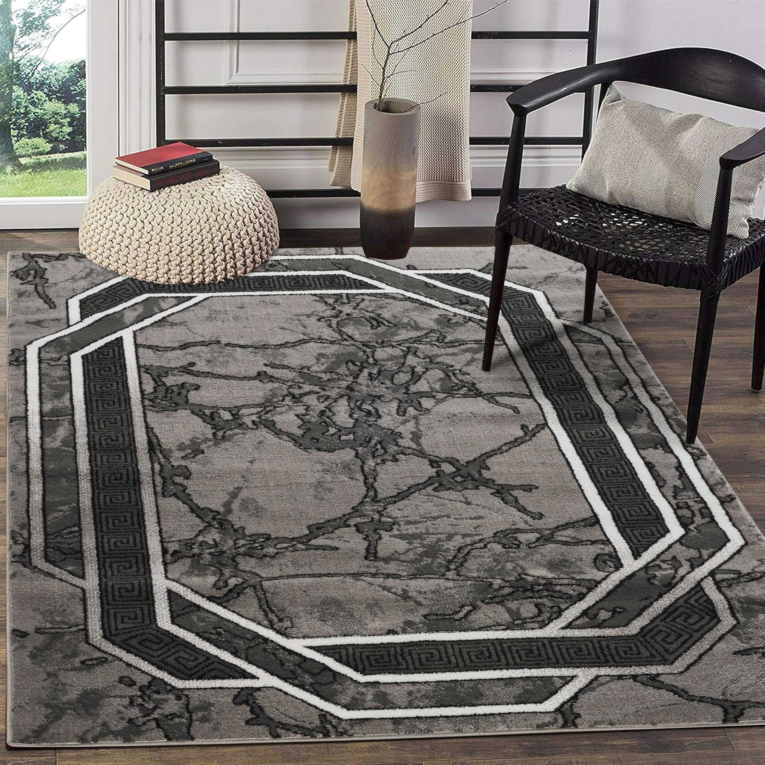 GLORY RUGS Area Rug Modern 2x7 Runner Grey White Black Marble Soft Contemporary Floor Carpet with Premium Fluffy Texture for Indoor Living Dining Room and Bedroom Area
