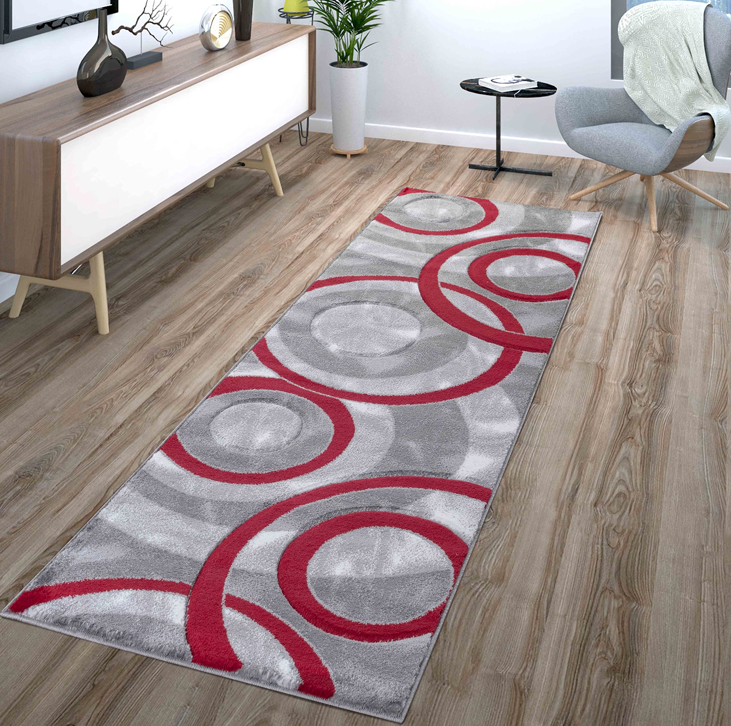 GLORY RUGS Area Rug Modern 2x7 Light Red Circles Geometry Soft Hand Carved Contemporary Floor Carpet Fluffy Texture for Indoor Living Dining Room and Bedroom Area