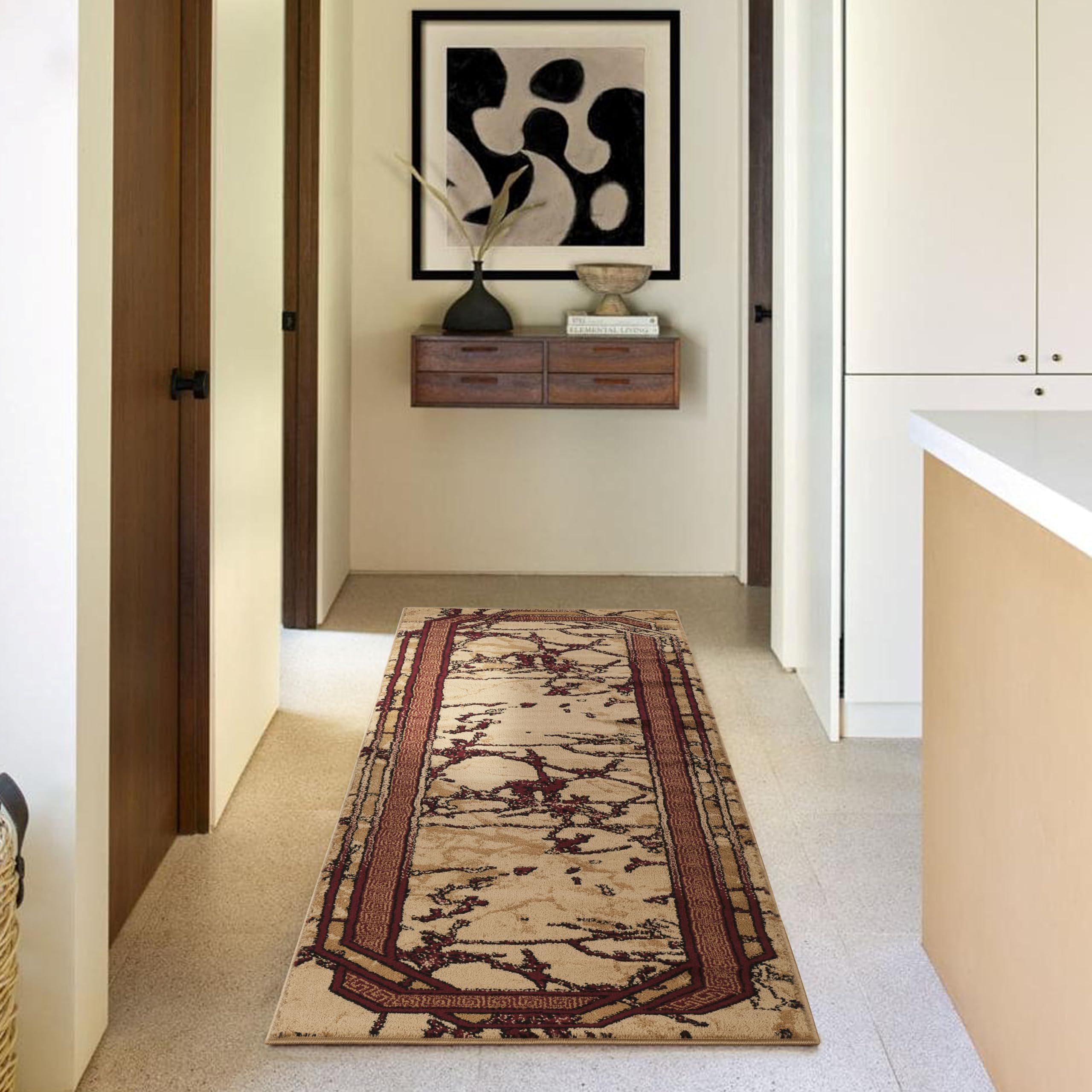 GLORY RUGS Area Rug Modern 2x7 Runner Burgundy Beige Black Cream Marble Soft Contemporary Floor Carpet with Premium Fluffy Texture for Indoor Living Dining Room and Bedroom Area