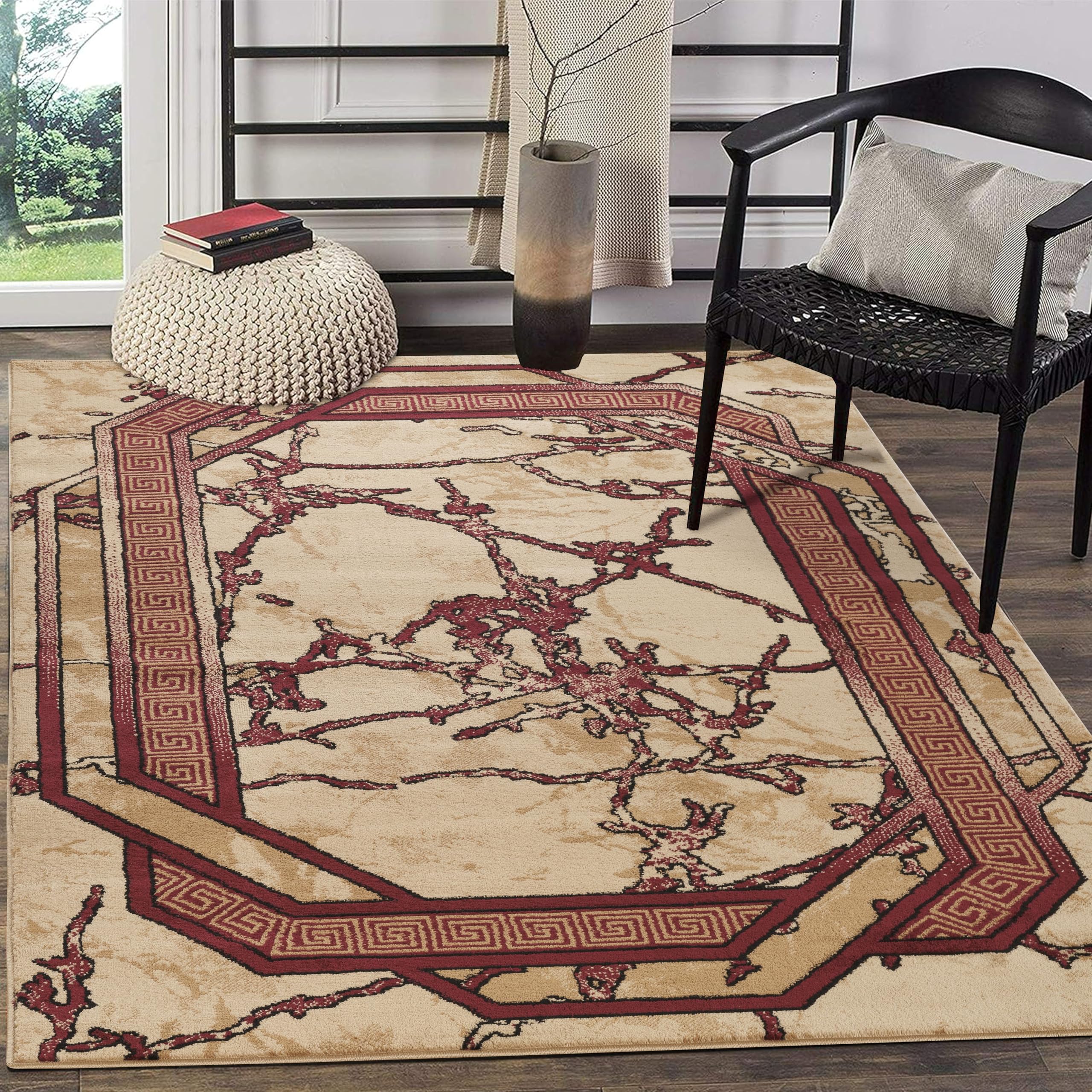 GLORY RUGS Area Rug Modern 5x7 Burgundy Beige Black Cream Marble Soft Contemporary Floor Carpet with Premium Fluffy Texture for Indoor Living Dining Room and Bedroom Area