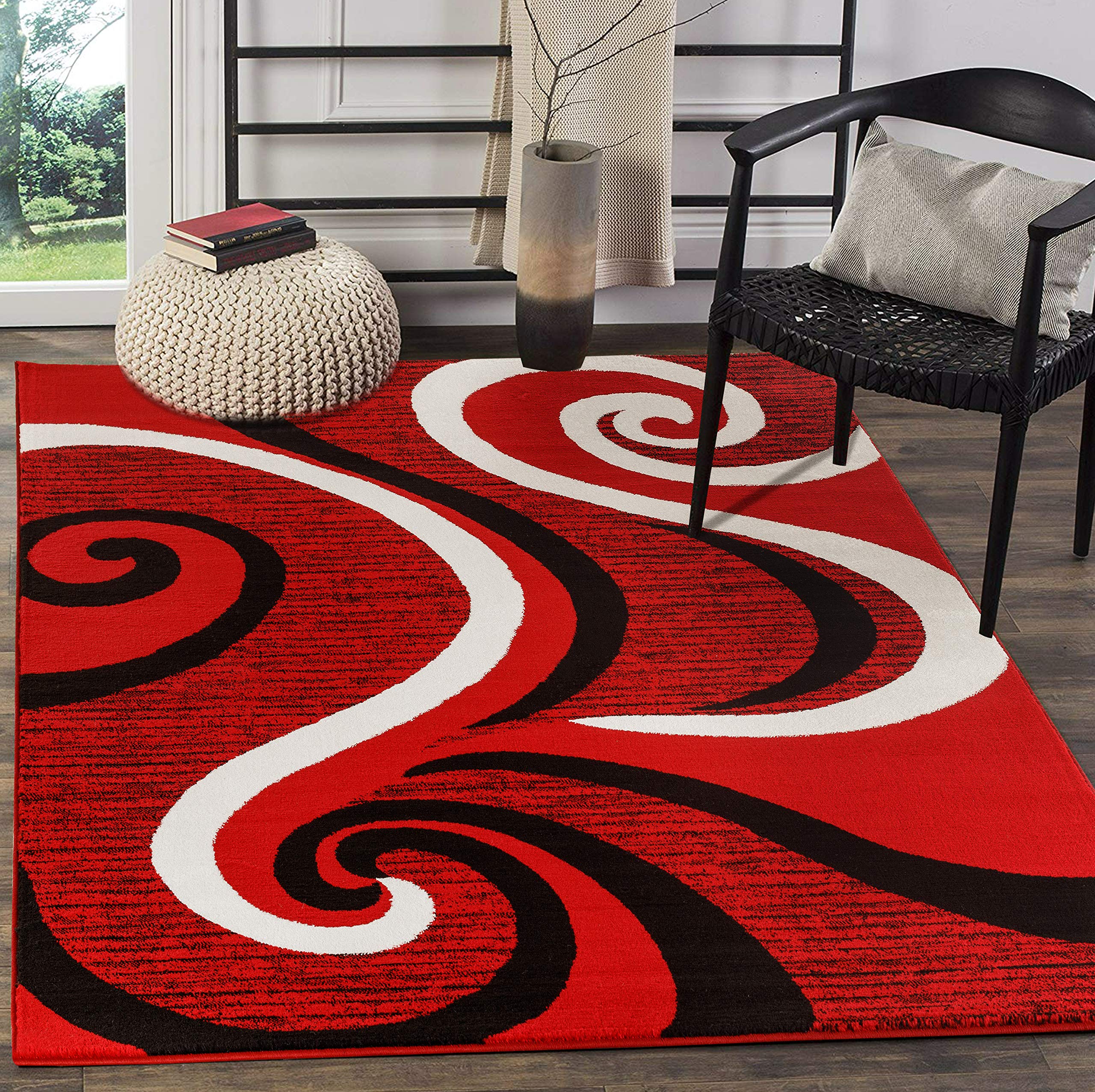 GLORY RUGS Modern Area Rug 8x10 Swirls Carpet Bedroom Living Room Contemporary Dining Accent Sevilla Collection 4817A (8x10, Red)