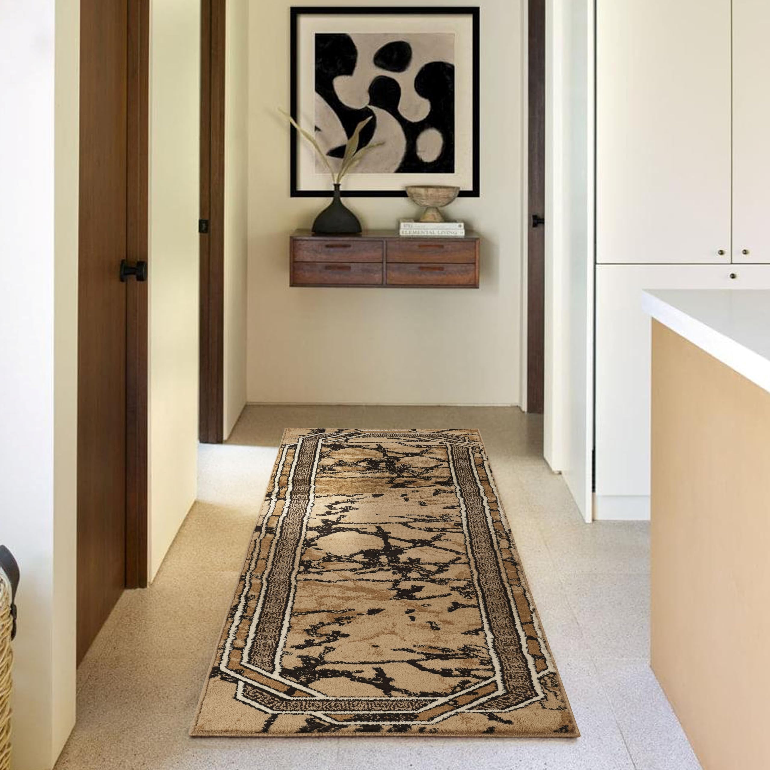 GLORY RUGS Area Rug Modern 2x7 Runner Brown Beige Black Cream Marble Soft Contemporary Floor Carpet with Premium Fluffy Texture for Indoor Living Dining Room and Bedroom Area