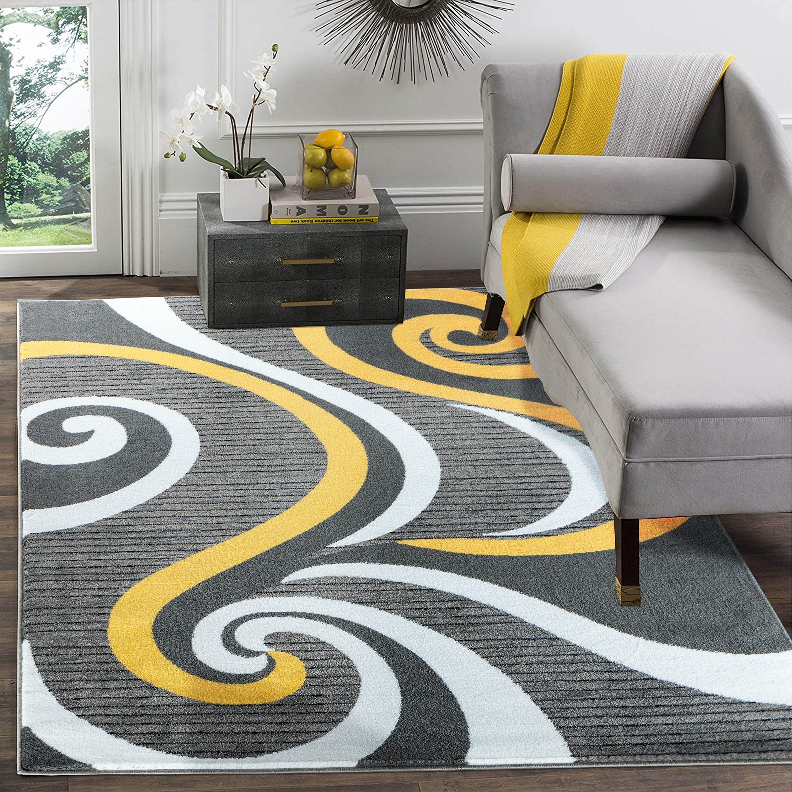 GLORY RUGS Modern Area Rug Swirls Carpet Bedroom Living Room Contemporary Dining Accent Sevilla Collection 4817A (Yellow, 4x6)
