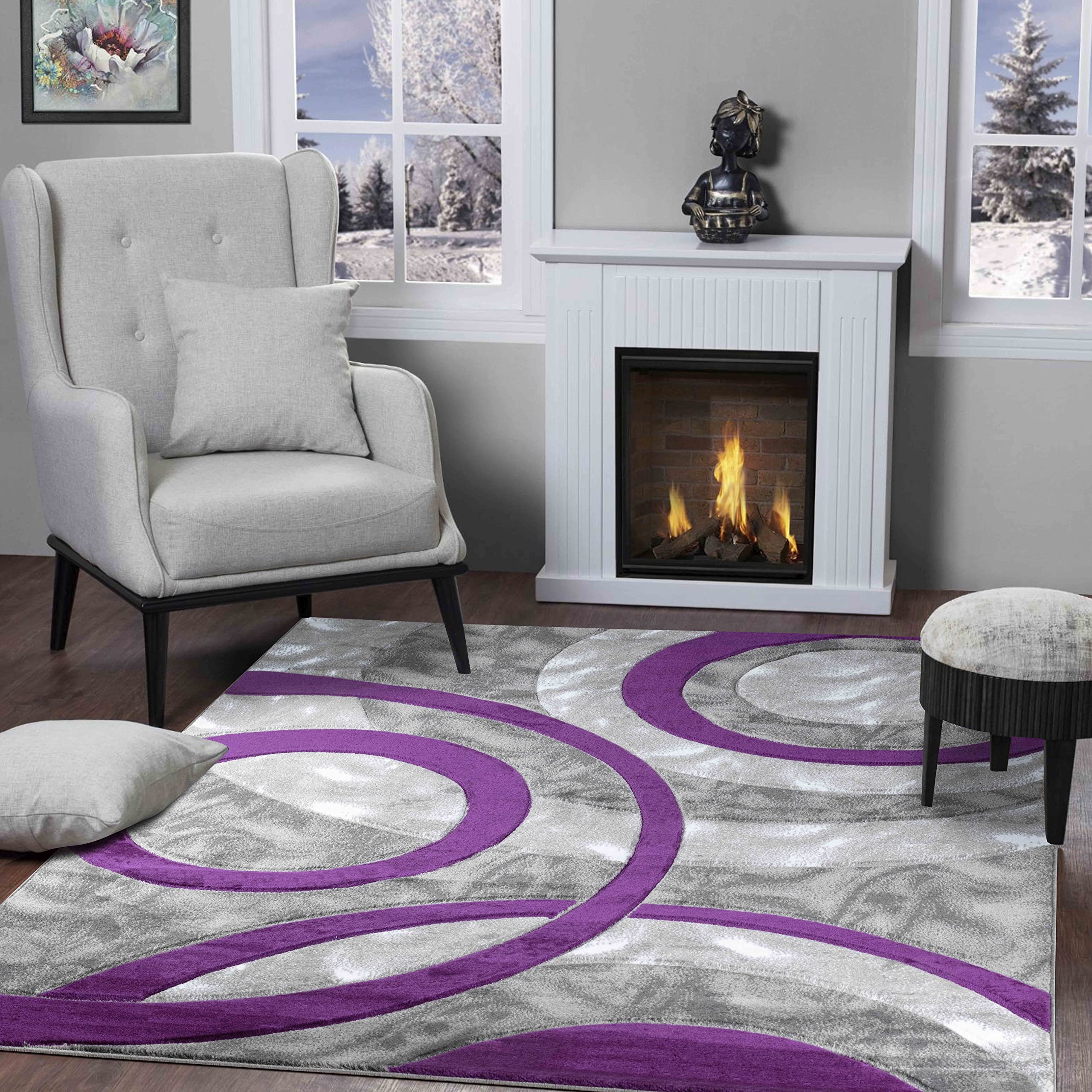 GLORY RUGS Area Rug Modern 5x7 Purple Circles Geometry Soft Hand Carved Contemporary Floor Carpet Fluffy Texture for Indoor Living Dining Room and Bedroom Area