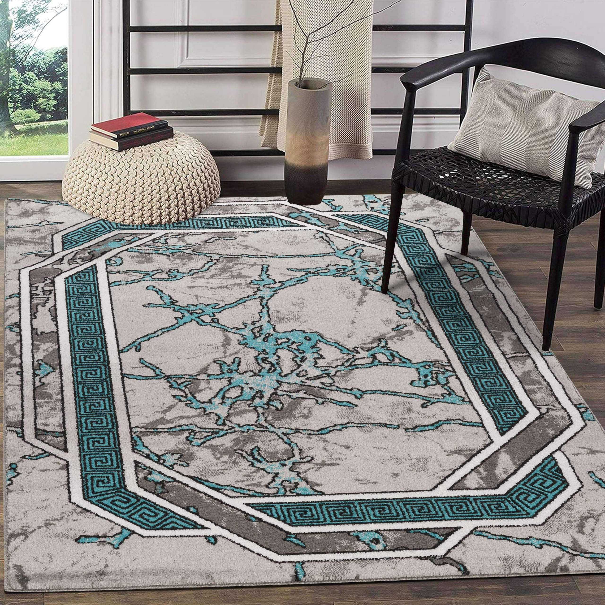 GLORY RUGS Area Rug Modern 5x7 Turquoise Grey White Black Marble Soft Contemporary Floor Carpet with Premium Fluffy Texture for Indoor Living Dining Room and Bedroom Area