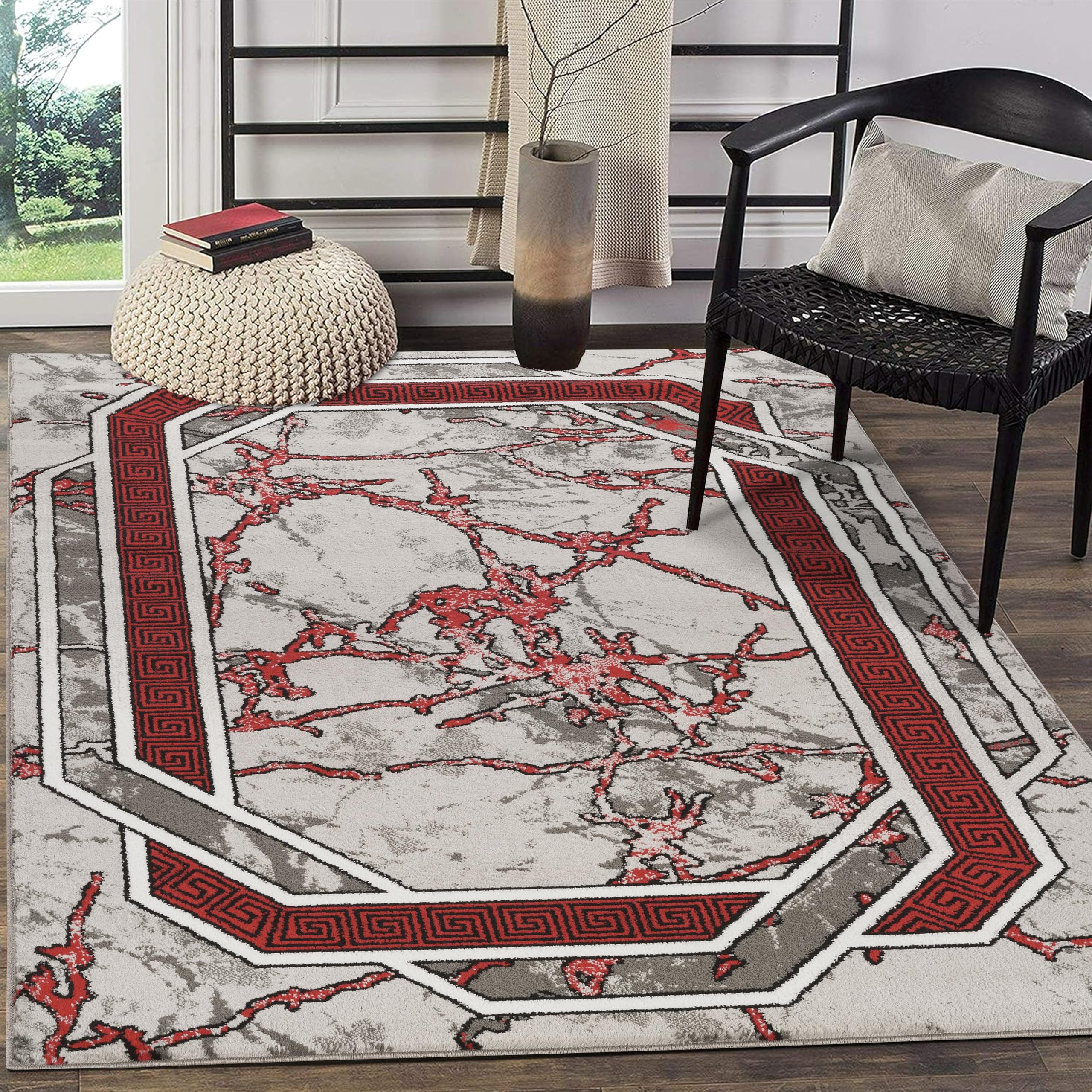 GLORY RUGS Area Rug Modern 2x7 Runner Red Grey White Black Marble Soft Contemporary Floor Carpet with Premium Fluffy Texture for Indoor Living Dining Room and Bedroom Area