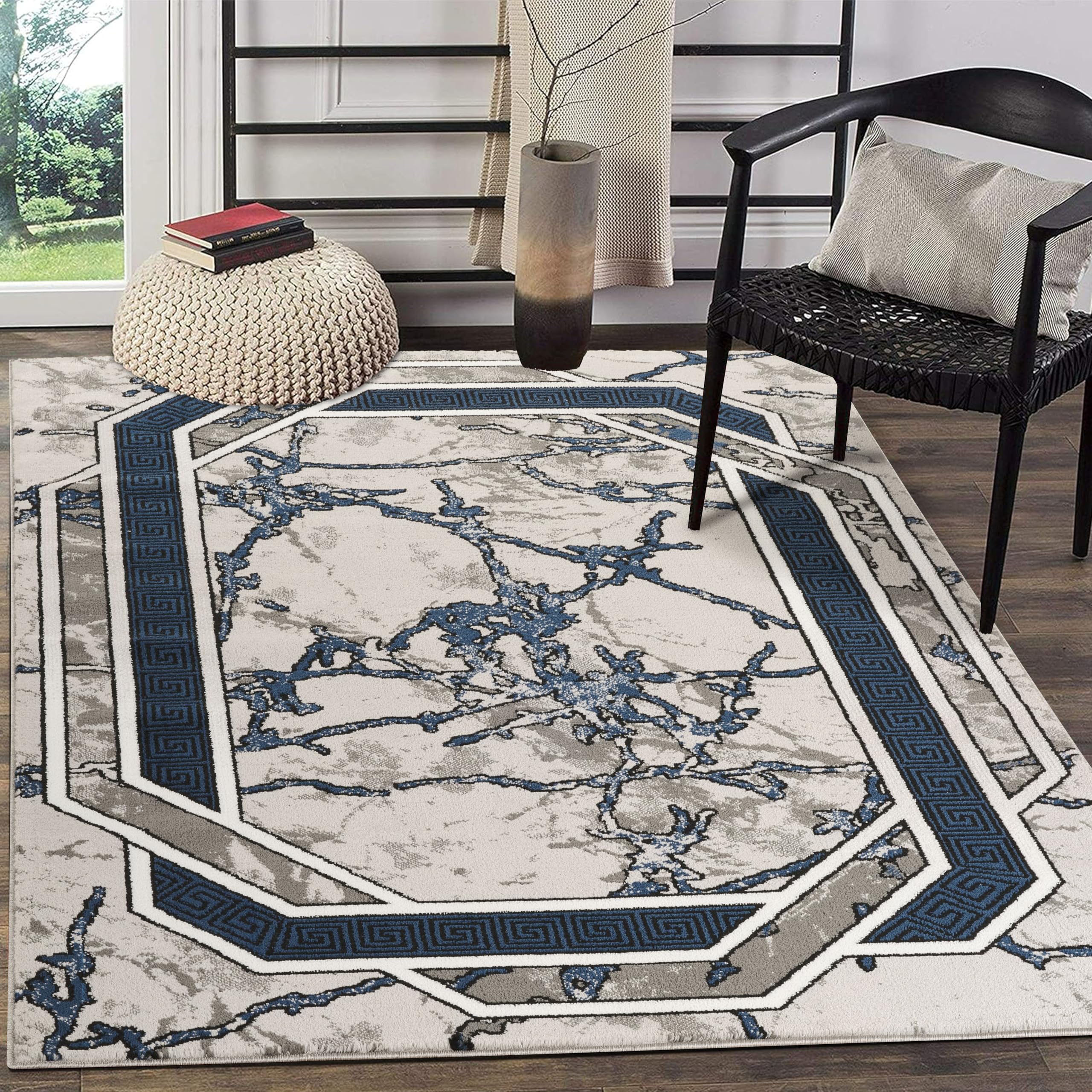 GLORY RUGS Area Rug Modern 4x5 Navy Grey White Black Marble Soft Contemporary Floor Carpet with Premium Fluffy Texture for Indoor Living Dining Room and Bedroom Area