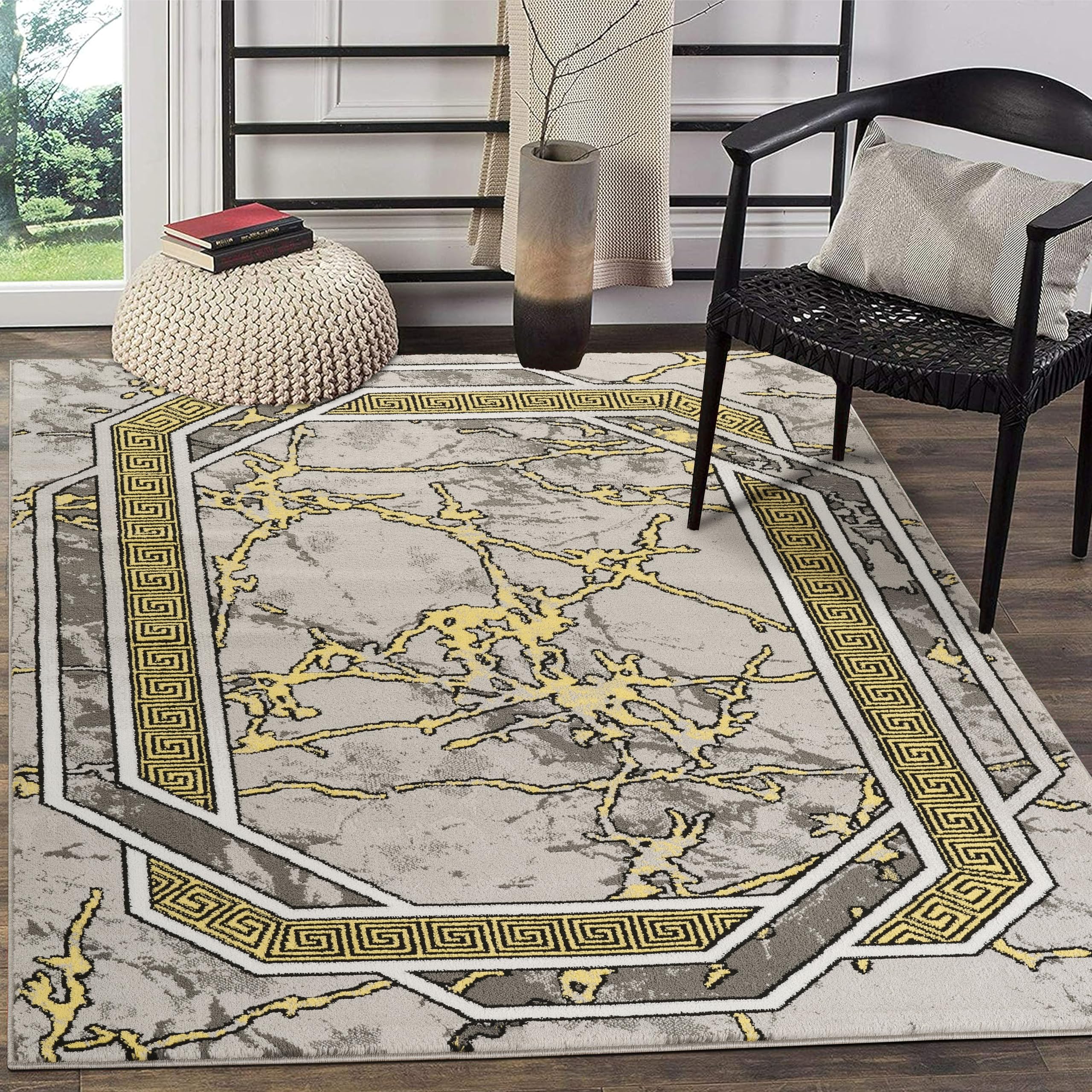 GLORY RUGS Area Rug Modern 5x7 Yellow Grey White Black Marble Soft Contemporary Floor Carpet with Premium Fluffy Texture for Indoor Living Dining Room and Bedroom Area