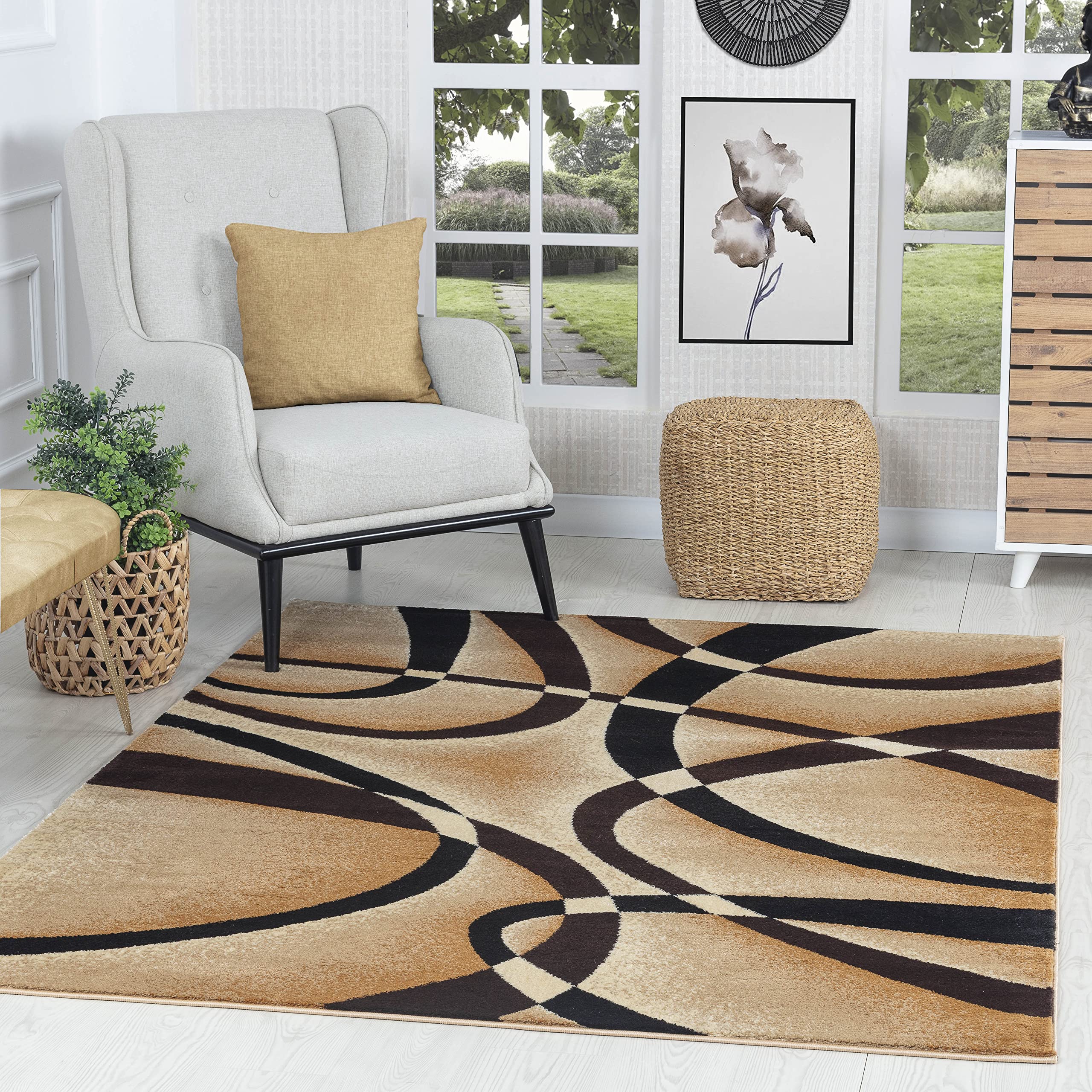 GLORY RUGS Modern Area Rug 4x6 Beige Swirls Carpet Bedroom Living Room Contemporary Dining Accent Sevilla Collection 4816A (Brown)