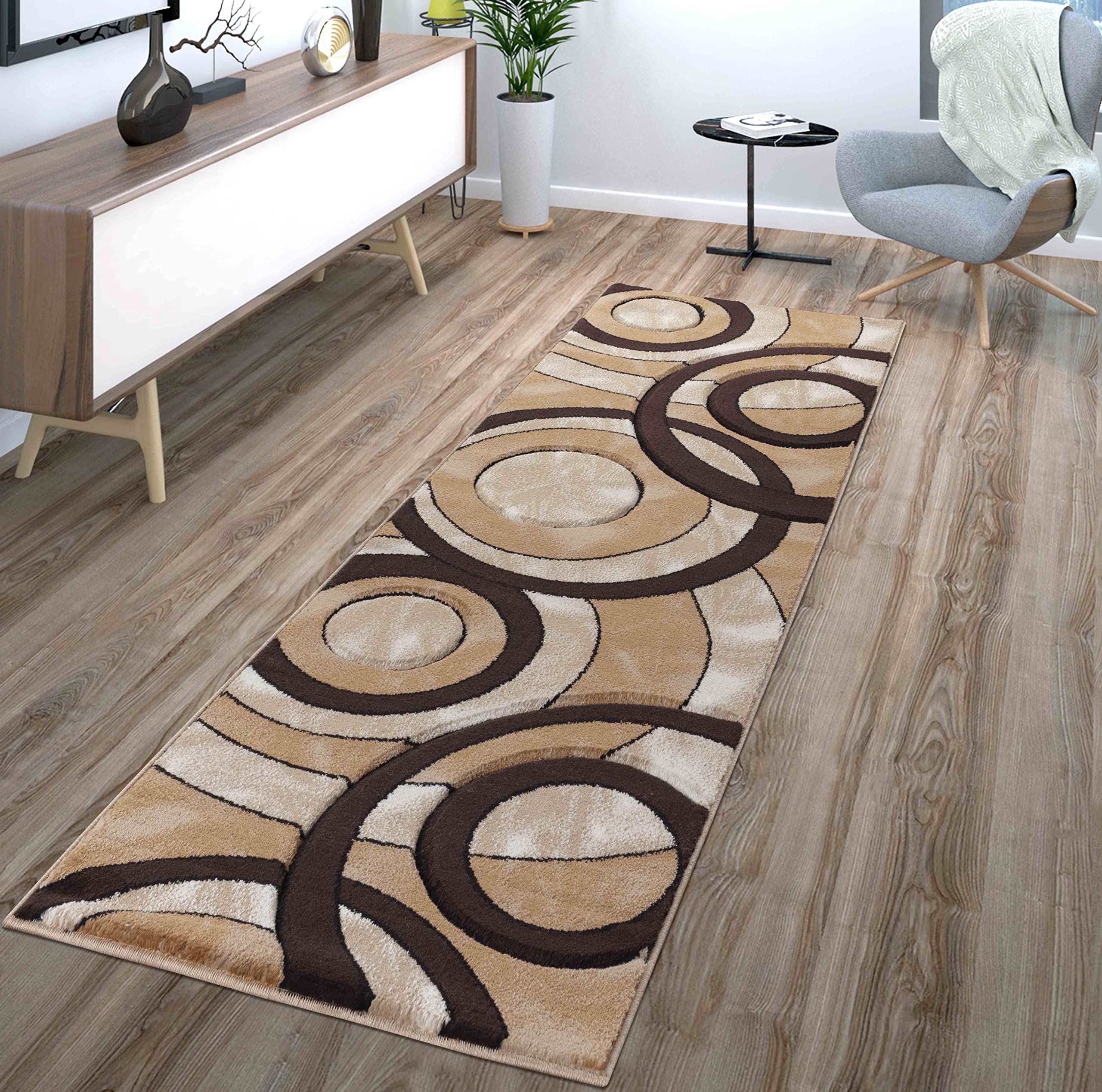 GLORY RUGS Area Rug Modern 2x7 Brown Circles Geometry Soft Hand Carved Contemporary Floor Carpet Fluffy Texture for Indoor Living Dining Room and Bedroom Area