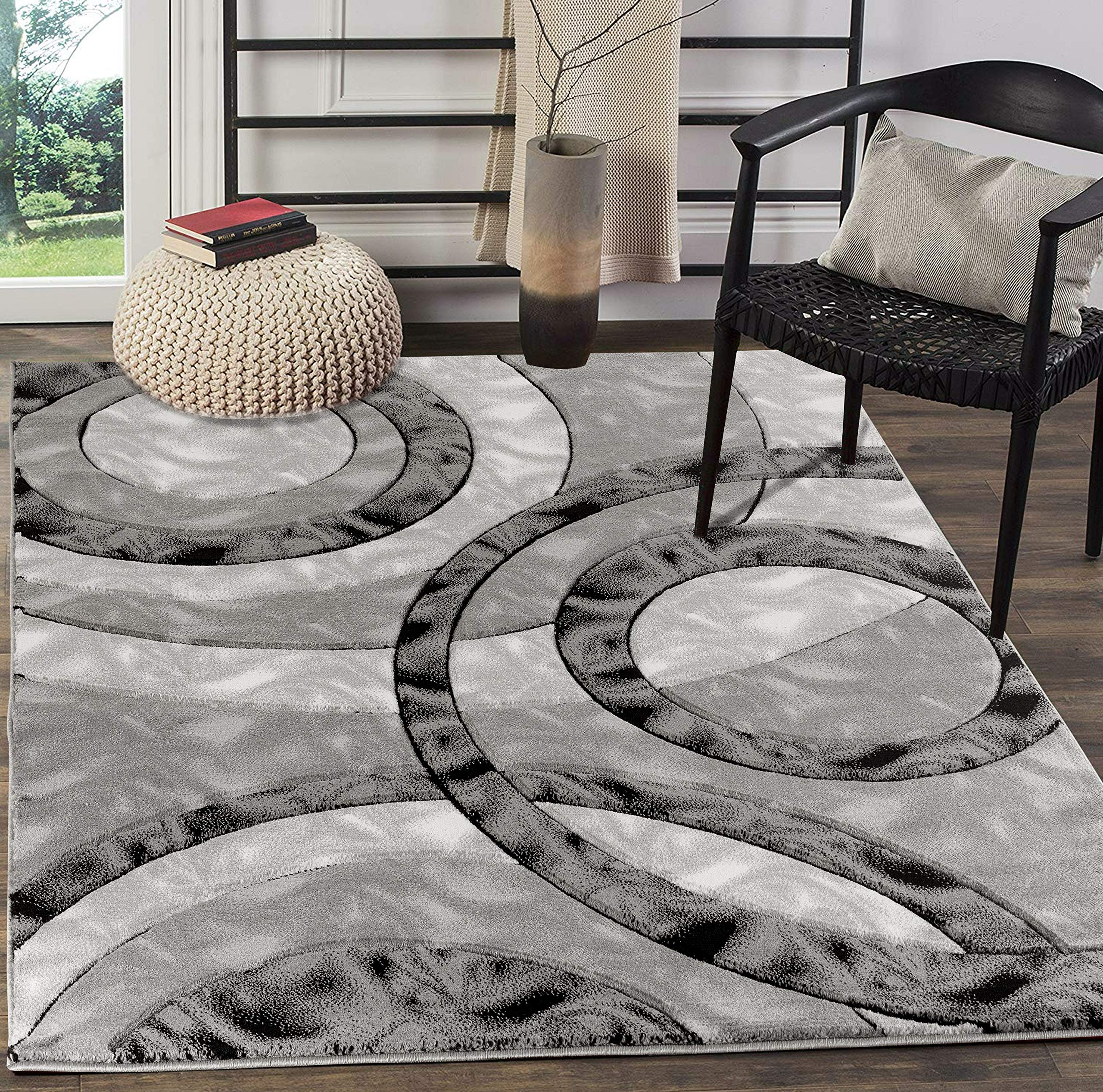 GLORY RUGS Area Rug Modern 4x6 Grey Black Circles Geometry Soft Hand Carved Contemporary Floor Carpet Fluffy Texture for Indoor Living Dining Room and Bedroom Area