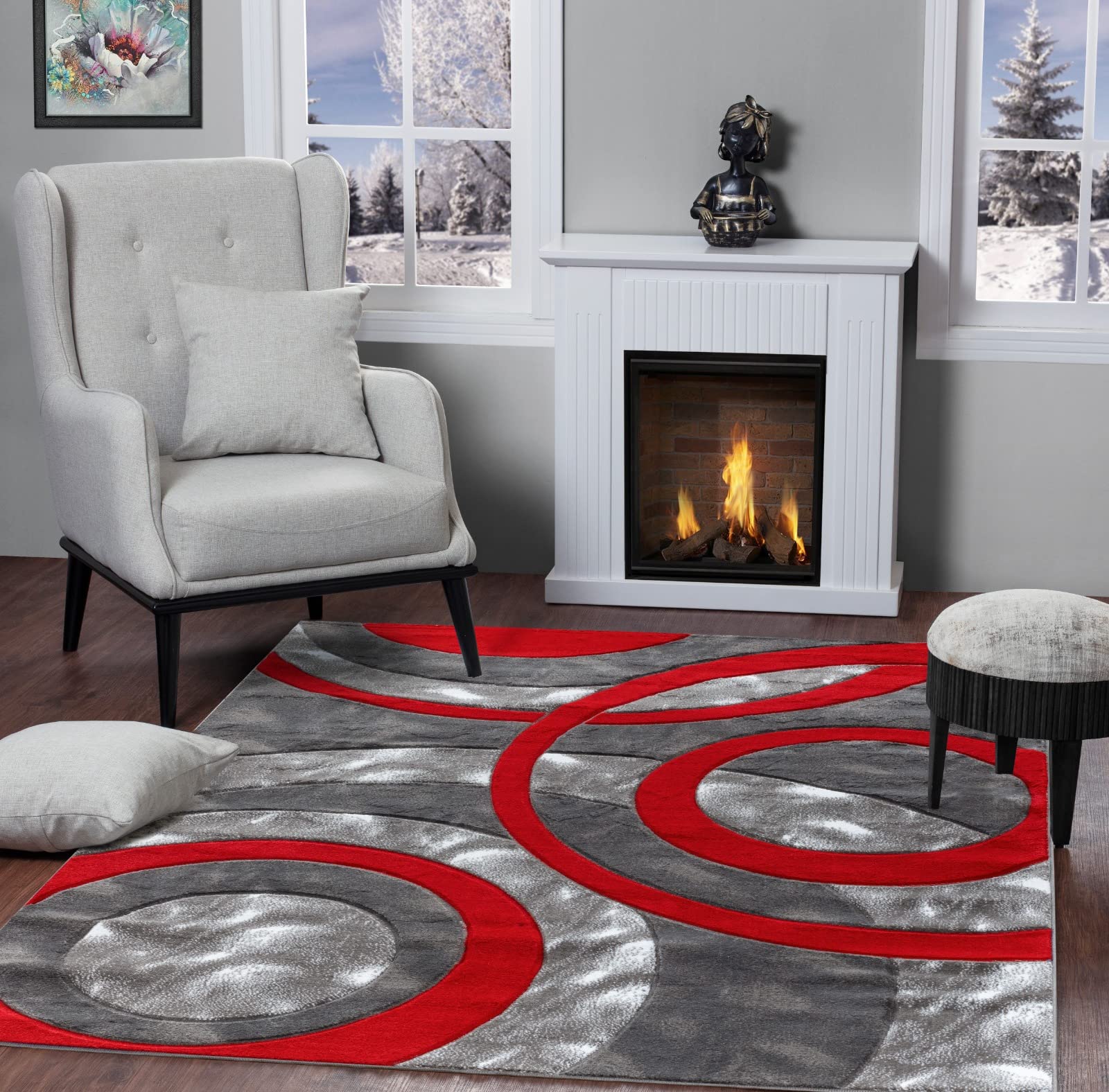 GLORY RUGS Area Rug Modern 4x6 Light red Circles Geometry Soft Hand Carved Contemporary Floor Carpet Fluffy Texture for Indoor Living Dining Room and Bedroom Area