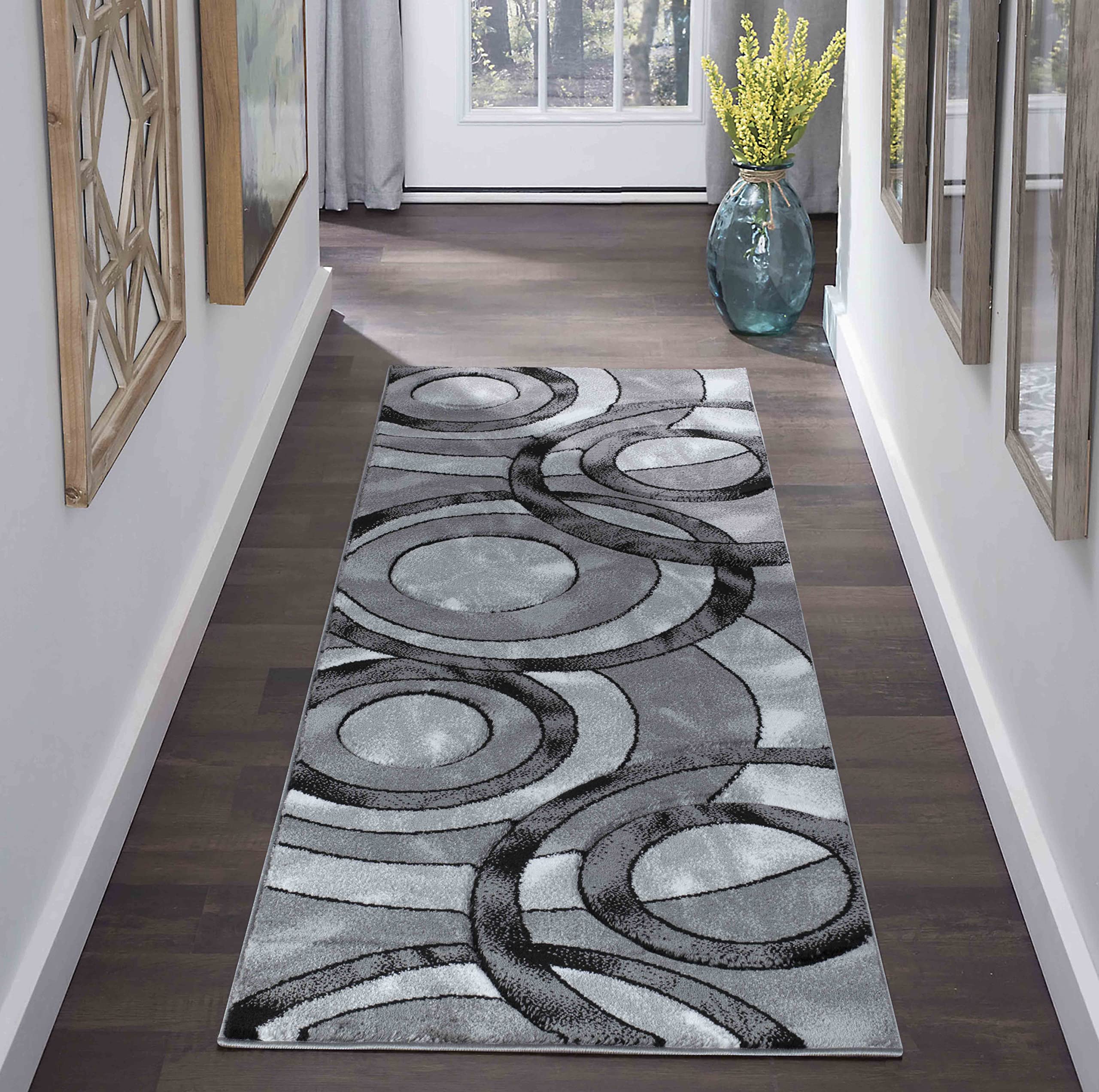 GLORY RUGS Area Rug Modern 2x7 Grey Black Circles Geometry Soft Hand Carved Contemporary Floor Carpet Fluffy Texture for Indoor Living Dining Room and Bedroom Area