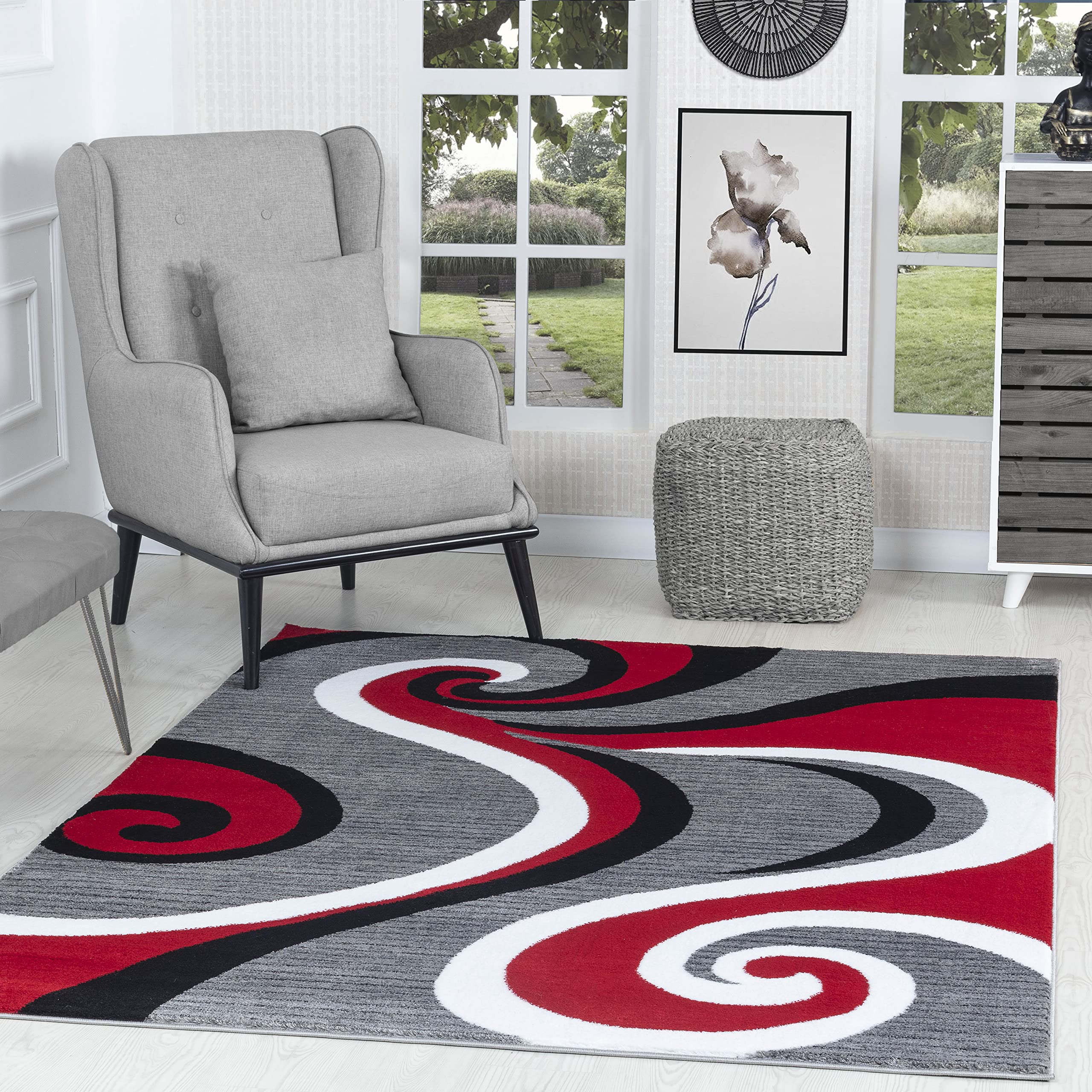 GLORY RUGS Modern Area Rug 8x10 Red Gray Swirls Carpet Bedroom Living Room Contemporary Dining Accent Sevilla Collection 4817 (8x10, Red)