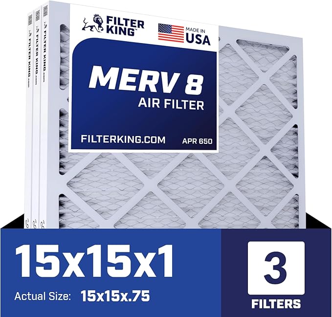 Filter King 15x15x1 Air Filter | 3-PACK | MERV 8 HVAC Pleated A/C Furnace Filters | MADE IN USA | Actual Size: 15 x 15 x .75″ – FB15X15A -3 WholesaleHVACDirect
