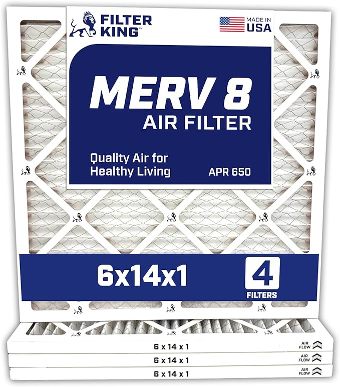 Filter King 6x14x1 Air Filter | 4-PACK | MERV 8 HVAC Pleated A/C Furnace Filters | MADE IN USA | Actual Size: 6 x 14 x .75" WholesaleHVACDirect