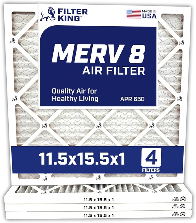 Filter King 11.5×15.5×1 Air Filter | 4-PACK | MERV 8 HVAC Pleated A/C Furnace Filters | MADE IN USA | Actual Size: 11.5 x 15.5 x .75″ – FK11.5×15.5x1A-M8 -4 WholesaleHVACDirect