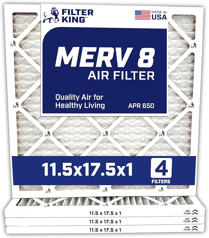 Filter King 11.5x17.5x1 Air Filter | 4-PACK | MERV 8 HVAC Pleated A/C Furnace Filters | MADE IN USA | Actual Size: 11.5 x 17.5 x .75" WholesaleHVACDirect