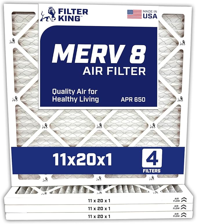 Filter King 11x20x1 Air Filter | 4-PACK | MERV 8 HVAC Pleated A/C Furnace Filters | MADE IN USA | Actual Size: 11 x 20 x .75″ – FK11x20x1A-M8-4 WholesaleHVACDirect