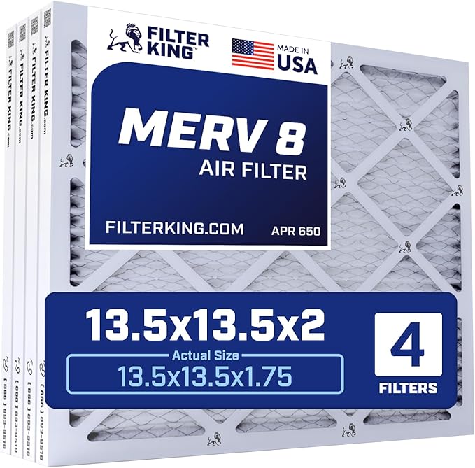 Filter King 13.5×13.5×2 Air Filter | 4-PACK | MERV 8 HVAC Pleated A/C Furnace Filters | MADE IN USA | Actual Size: 13.5 x 13.5 x 1.75″ – FK13.5×13.5x1A-M8 – 4 WholesaleHVACDirect