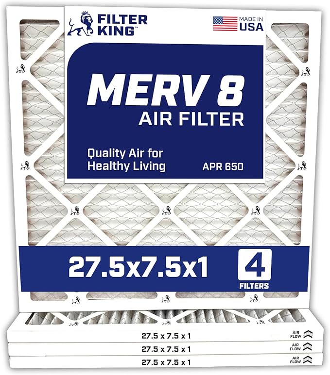 Filter King 27.5×7.5×1 Air Filter | 4-PACK | MERV 8 HVAC Pleated A/C Furnace Filters | MADE IN USA | Actual Size: 27.5 x 7.5 x .75″ – FK27.5×7.5x1A-M8 -4 WholesaleHVACDirect