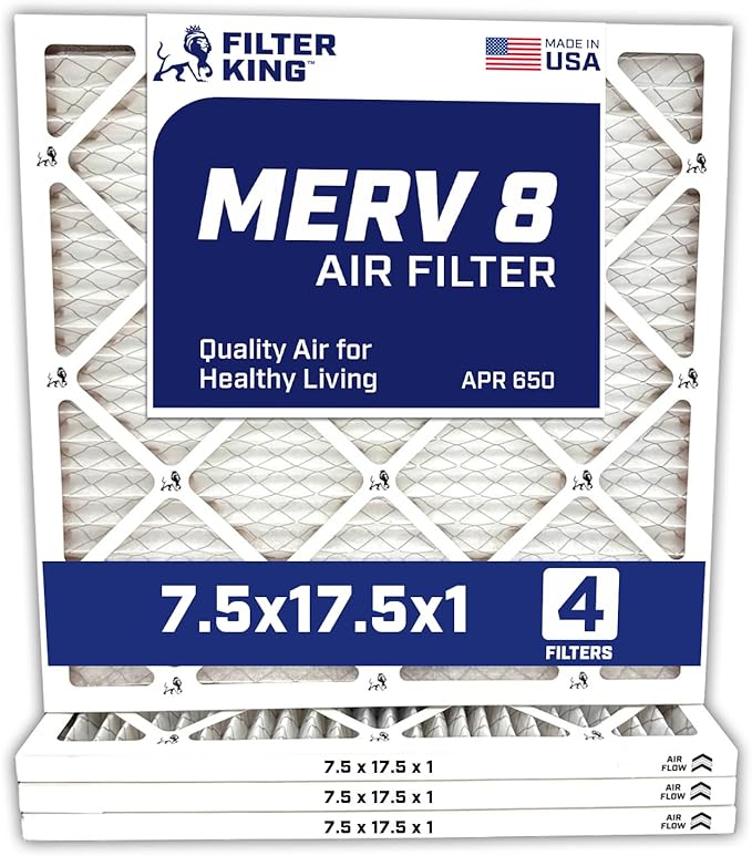Filter King 7.5×17.5×1 Air Filter | 4-PACK | MERV 8 HVAC Pleated A/C Furnace Filters | MADE IN USA | Actual Size: 7.5 x 17.5 x .75″ – FK7.5×17.5x1A-M8-4 WholesaleHVACDirect