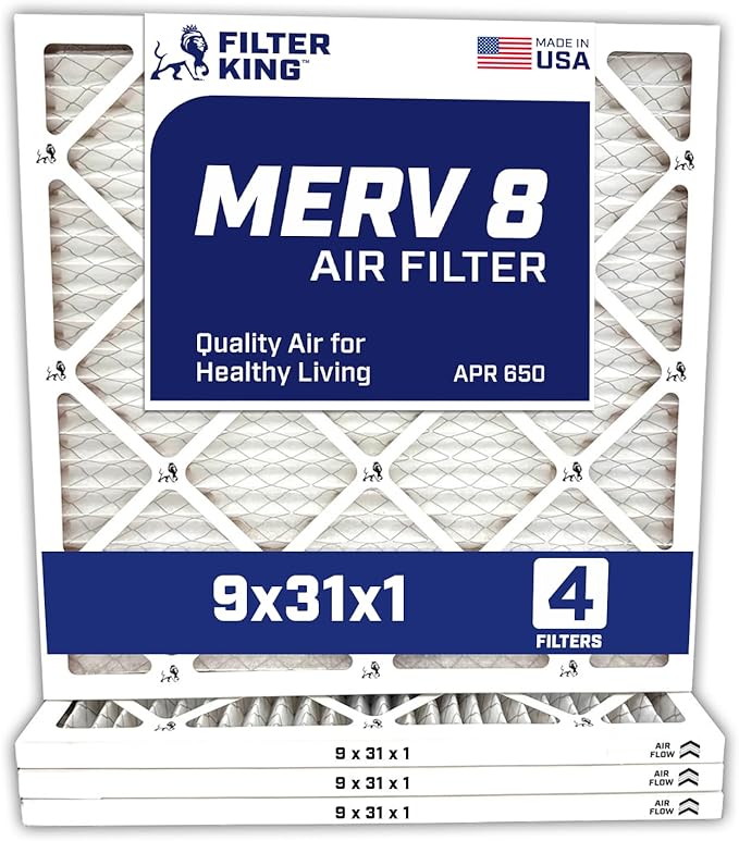 Filter King 9x31x1 Air Filter | 4-PACK | MERV 8 HVAC Pleated A/C Furnace Filters | MADE IN USA | Actual Size: 9 x 31 x .75″ – FK9x31x1A-M8-4 WholesaleHVACDirect