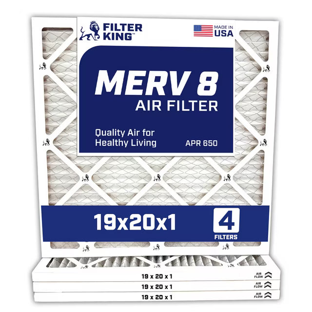 Filter King 19x20x1 Air Filter | 4-PACK | MERV 8 HVAC Pleated A/C Furnace Filters | MADE IN USA | Actual Size: 19 x 20 x .75″ – FK19x20x1A-M8 -4 WholesaleHVACDirect
