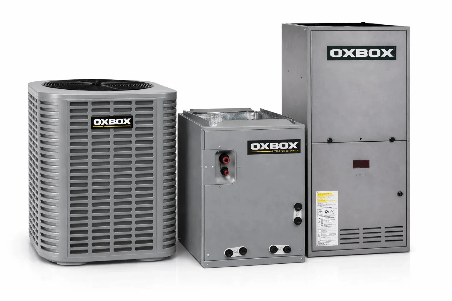 OXBOX BY TRANE 2-Ton HVAC System – J5AC3024A1000AA 13.4 SEER2 R454B Condenser with J5MXCA003AC6HCA Cased Coil & J801V060AM3SE 60,000 BTU Gas Furnace OXBOX BY TRANE